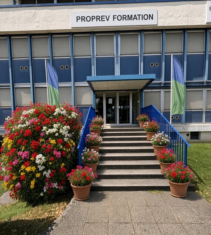 Entrée du bâtiment de PROPREV FORMATION à Palaiseau